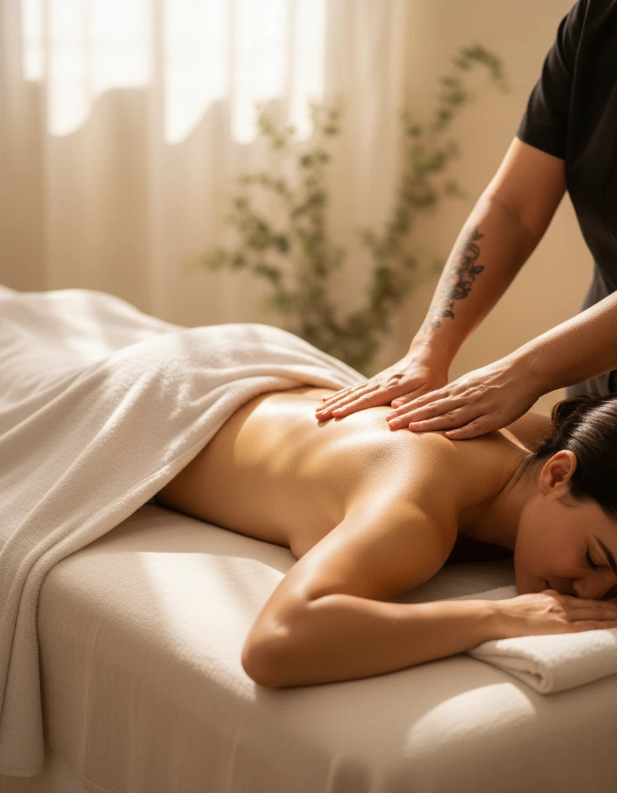 Mãos realizando uma massagem relaxante em um ambiente acolhedor — imagem ilustrativa